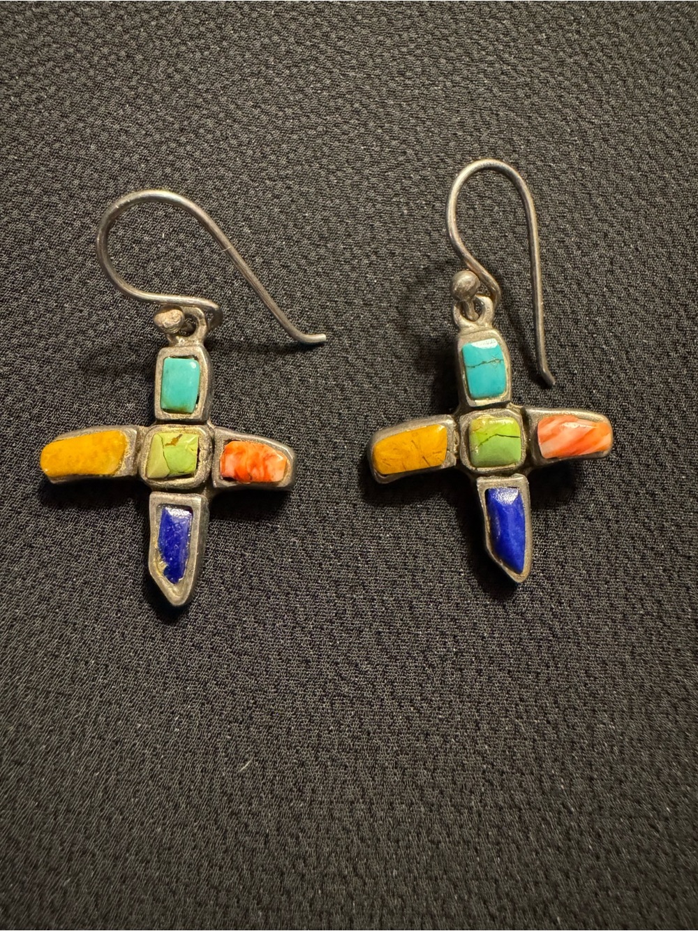 Sterling Silver Turquoise Multicolor Inlay Cross Dangle Earrings